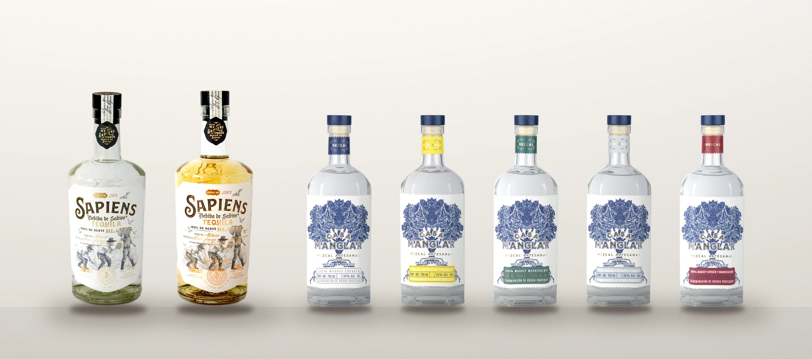 The full portfolio: Sapiens Blanco and Ahumado, then Casa Manglar Espadín, Tobalá, Madrecuishe and the two ensambles